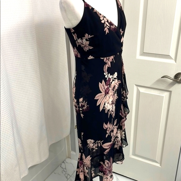 NWOT Black & Purple Floral Wrap Dress with High Low Ruffled Hem - Picture 12 of 17